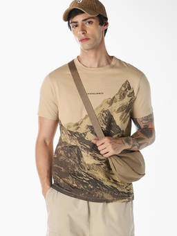 Jack & Jones - Men Beige Printed Cotton T-Shirt