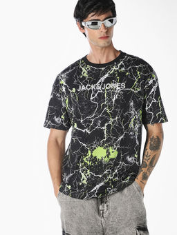Jack & Jones - Men Black Abstract Print Oversized T-Shirt