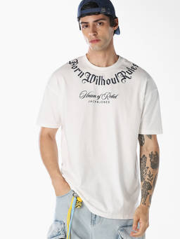 Jack & Jones - Men White Oversized Typography T-Shirt