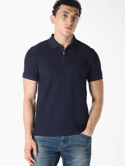 Jack & Jones - Men Navy Blue Zip Polo T-Shirt