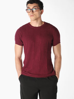 Jack & Jones - Men Maroon Textured Knitted Pullover T-Shirt