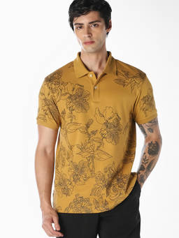 Jack & Jones - Men Yellow Floral Print Cotton Polo T-Shirt