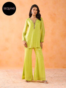 Gajra Gang - Pixie Dust Lime Clear Sequins Georgette Crystal Detail Kurta with Pant (Set of 2) GGPDSKD01