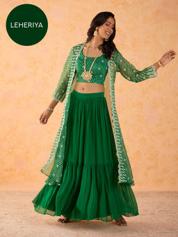 Gajra Gang - A Pickled Jar Green Leheria Embroidered Cape and Skirt (Set of 3) GGPJLEH03