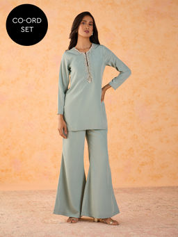 Gajra Gang - Pixie Dust Sage Green Crystal Embellished Kurta with Pant (Set of 2) GGPDSKD02
