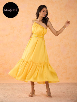 Gajra Gang - Haldi Pop Orange Satin Georgette One Shoulder Dress with Beaded Belt (Set of 2) GGHPDRS01