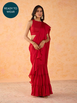Gajra Gang - Rue de Ruffles Red Satin Georgette Ready to Wear Ruffle Saree GGRRSAR11