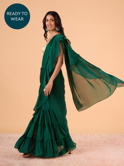 Gajra Gang - Rue de Ruffles Green Satin Georgette Ready to Wear Ruffle Saree GGRRSAR12