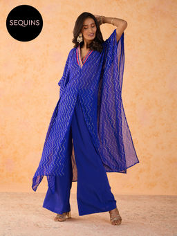 Gajra Gang - a Pickled Jar Blue Embellished Dew Drop Print Front Slit Kaftan (Set of 3) GGPJSKD05