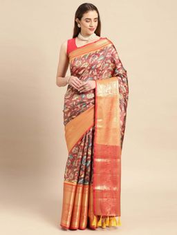 Vastranand - Kalamkari Floral Zari Woven Design Banarasi Silk Blend Saree with Unstitched Blouse