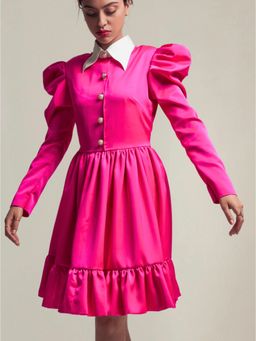 Prot Official - Pink Tier Dress With Long Point Contrast Collar