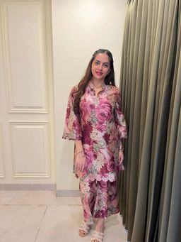 ALLUREARMOIRE - Women Floral Printed Poly Silk Purple Co-Ord (Set of 2)