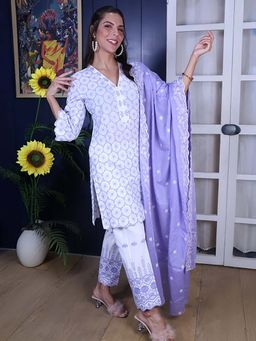 ALLUREARMOIRE - Floral Embroidered Cotton Straight Kurta With Pant and Dupatta (Set of 3)