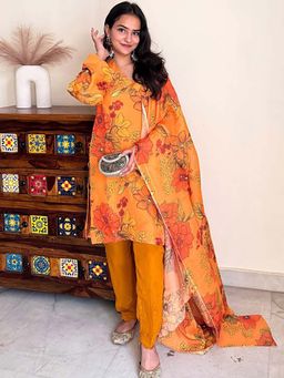 ALLUREARMOIRE - Floral Printed Organza Straight Kurta With Pant and Dupatta (Set of 3)