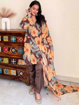ALLUREARMOIRE - Floral Printed Organza Straight Kurta With Pant and Dupatta (Set of 3)
