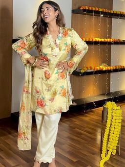 ALLUREARMOIRE - Floral Printed Straight Organza Kurta With Pant and Dupatta (Set of 3)