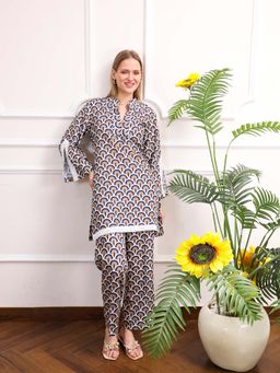 ALLUREARMOIRE - Printed Mandarin Collar Kurti with Palazzo (Set of 2)