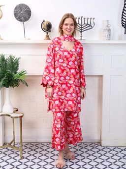 ALLUREARMOIRE - Floral Printed V-Neck Straight Kurta With Palazzo and Dupatta (Set of 3)