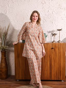 ALLUREARMOIRE - Floral Printed Mandarin Collar Pure Cotton Co-Ord (Set of 2)