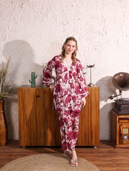 ALLUREARMOIRE - Floral Printed V-Neck Cotton Kurti With Pant (Set of 2)
