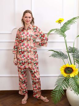 ALLUREARMOIRE - Floral Printed Three-Quarter Sleeves Linen Co-Ord (Set of 2)