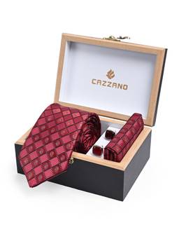 CAZZANO - Men Checked Skinny Tie With Pocket Square & Cufflinks