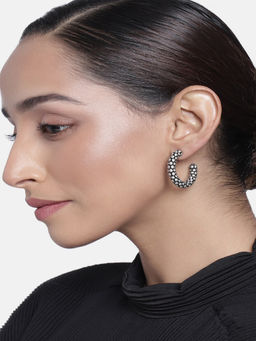 Estele - Rhodium Plated Oval Textured Designer Hoop Earrings for Women.