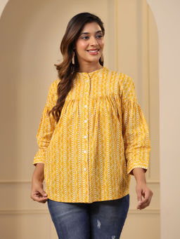 Jaipur Kurti - Mustard Gathered Loose Fit Printed Top