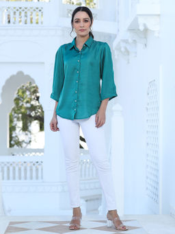 Jaipur Kurti - Green Silk Blend Solid Shirt with Pant (Set of 2)
