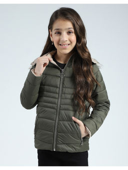 Monte Carlo - Girls Olive Solid Detachable Hood Jacket