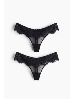 H&M - Women Black 2-Pack Lace Thong Briefs