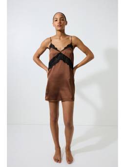 H&M - Women Brown Lace-Trimmed Satin Nightslip