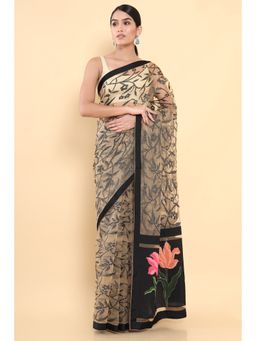 Soch - Women Beige Organza Printed Saree with Unstitched Blouse