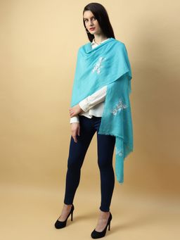 Modarta By Kamakshi - Turquoise Blue Shawl Pure Pashmina Shawl With Hand Embroidery White Butterflies
