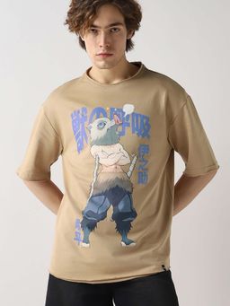 Bewakoof - Heavy Duty 1.0 Men's Brown Inosuke Beast Breathing Graphic Printed Oversized T-shirt