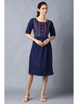 Aurelia - Navy Blue Embroidered and Gathers Dress