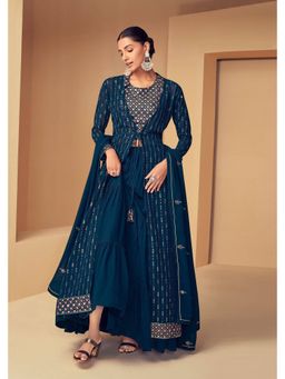 NEEL ART - Firozi Georgette Embellished Semi-Stitched Lehenga Unstiched Choli with Dupatta.