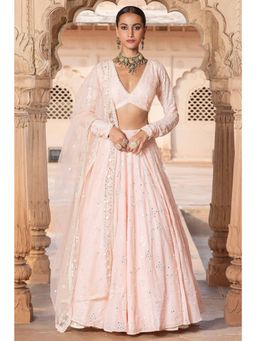 NEEL ART - Peach Cotton Blend Embellished Semi-Stitched Lehenga Unstiched Choli with Dupatta.