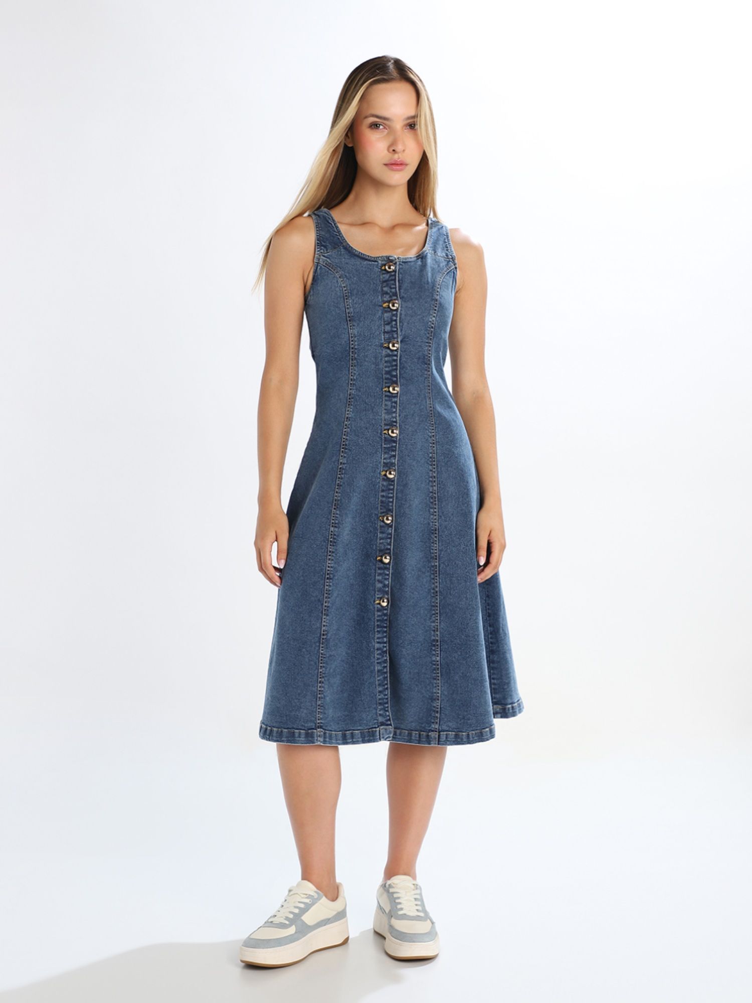 only Women's Solid Fit and Flare Blue Dress-picture-16