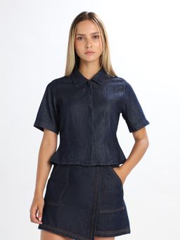 ONLY - Women's Solid Regular Fit Navy Blue Shirt