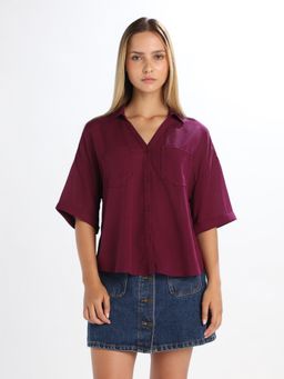 ONLY - Women's Solid Loose Fit Purple Shirt