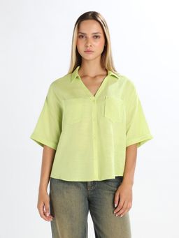 ONLY - Women's Solid Loose Fit Lime Green Shirt