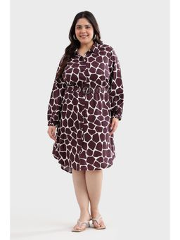 Virgio - Animal Print Cotton Shirt Dress With Fabric Belt For Women - Burgundy