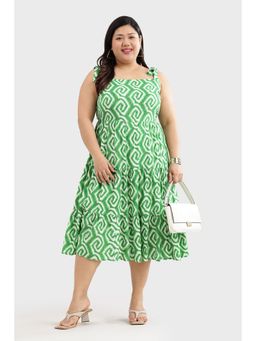Virgio - Printed Viscose Shoulder Tie Up Midi Dress For Women - Green