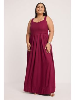 Virgio - Solid Viscose Pleated Dress With Sweetheart Neck For Women - Burgundy