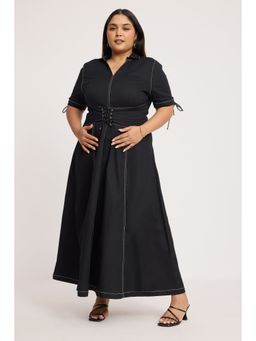 Virgio - Solid Cotton Fit And Flare Midi Dress For Women - Black
