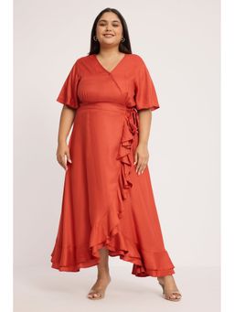 Virgio - Solid Beyond the Curve - Rust V Neck Wrap Dress