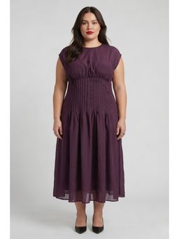 Virgio - Solid Viscose Pintuck A-Line Midi Dress For Women - Wine
