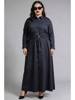 Virgio - Solid Cotton Poly Maxi Shirt Dress With Belt For Women - Navy Blue