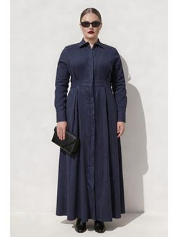 Virgio - Stripes Cotton Maxi Fit and Flared Shirt Dress For Women - Navy Blue